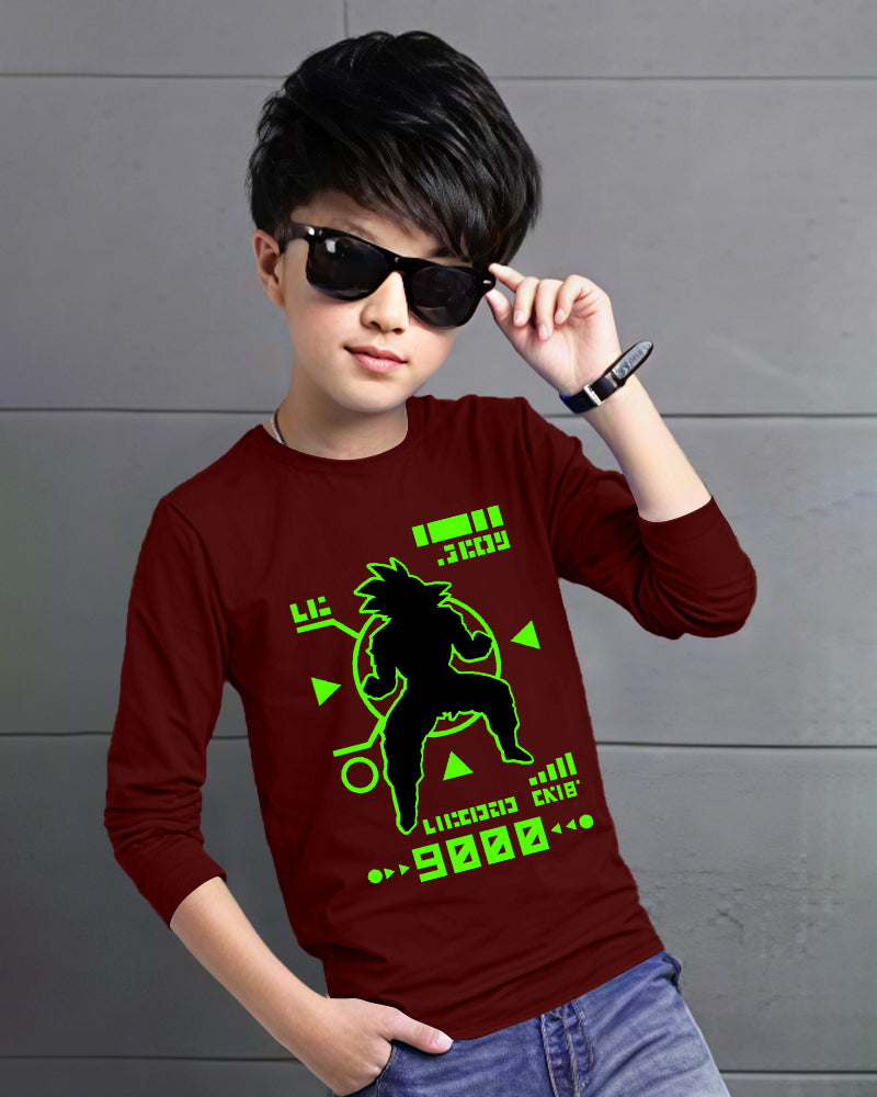 Maroon Full Saiyan Sleeve Round Neck Cotton blend Boys T-Shirt-FRONT