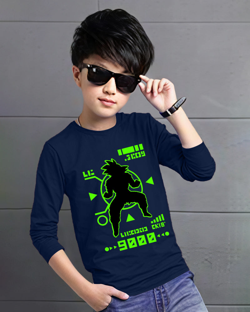 Navy Full Saiyan Sleeve Round Neck Cotton blend Boys T-Shirt-FRONT