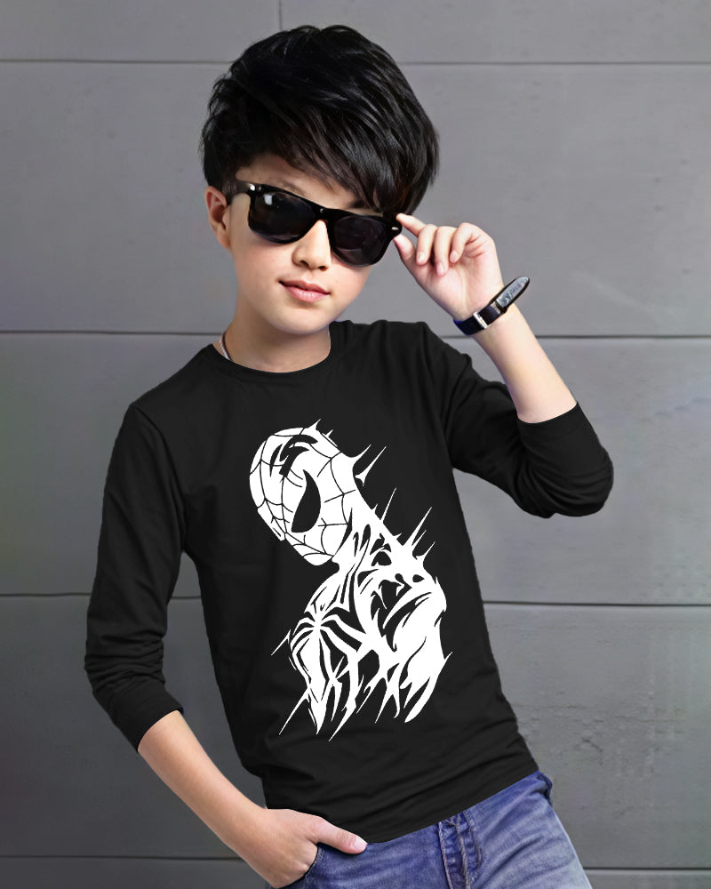 Black Full Venom Sleeve Round Neck Cotton blend Boys T-Shirt-FRONT