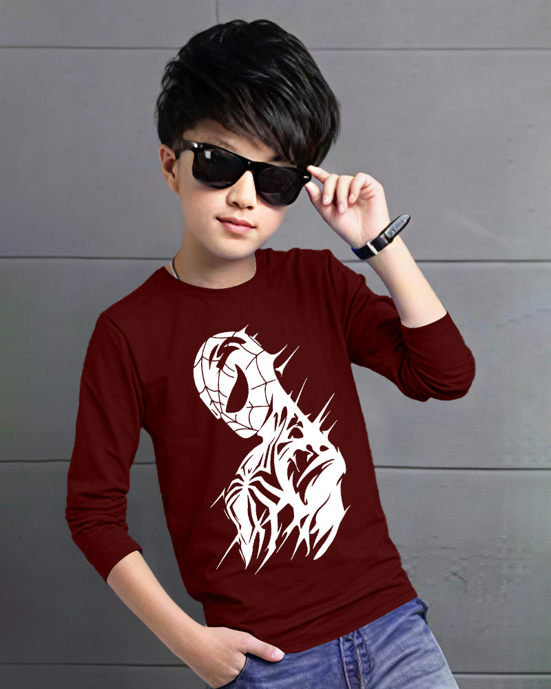 Maroon Full Venom Sleeve Round Neck Cotton blend Boys T-Shirt-FRONT