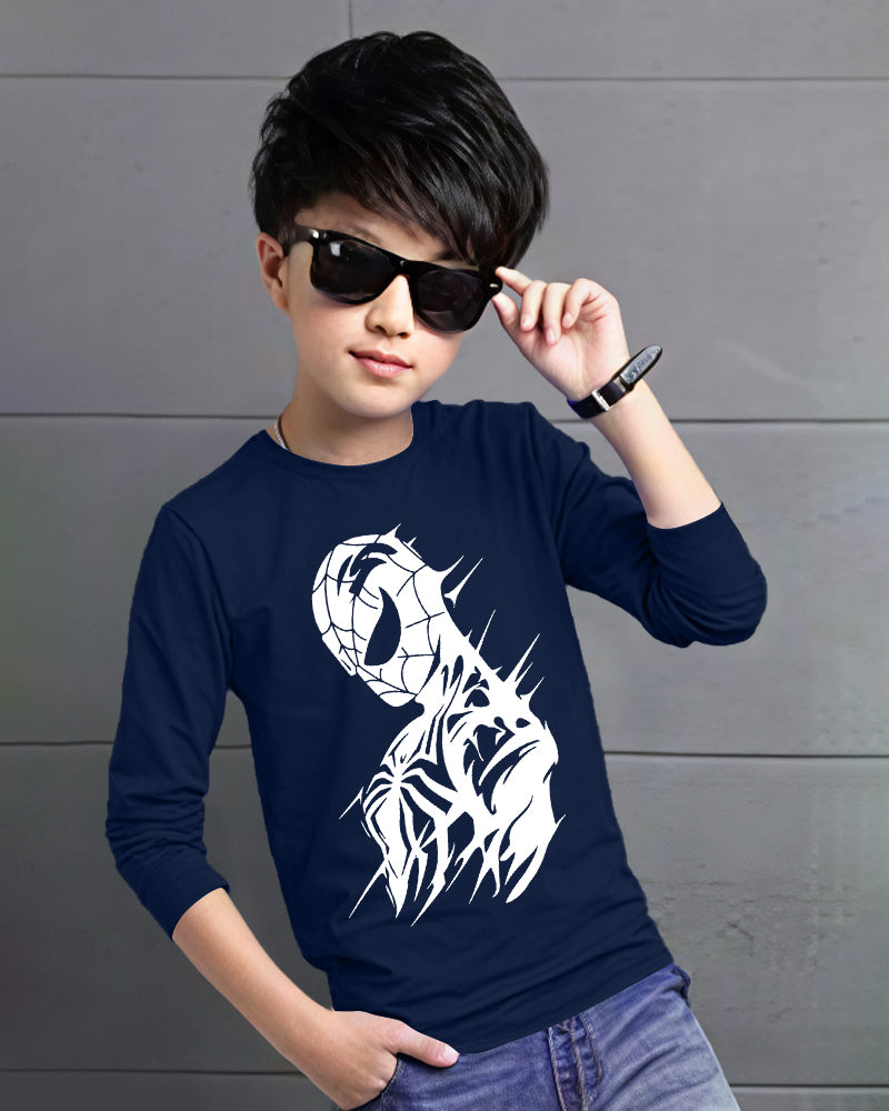 Navy Full Venom Sleeve Round Neck Cotton blend Boys T-Shirt-FRONT