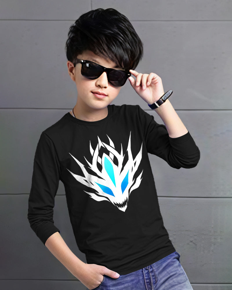 Black Full White Dragon Sleeve Round Neck Cotton blend Boys T-Shirt-FRONT
