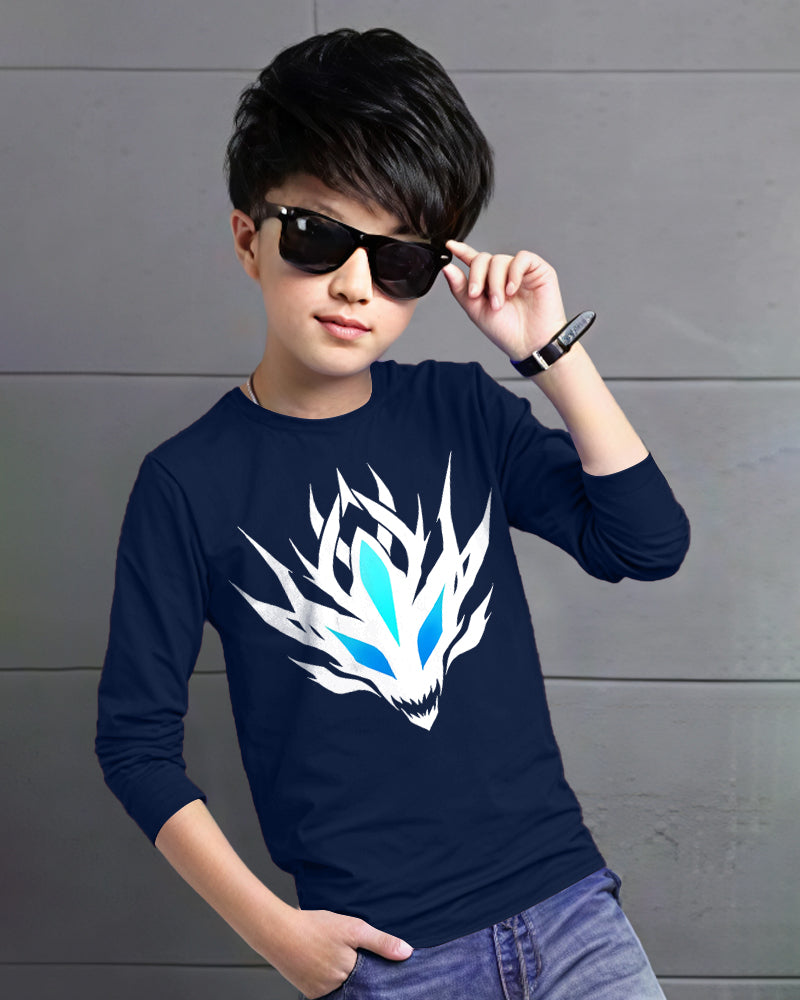 Navy Full White Dragon Sleeve Round Neck Cotton blend Boys T-Shirt-FRONT
