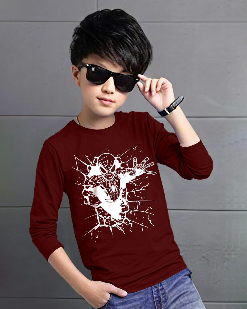 Maroon Full White Spider Sleeve Round Neck Cotton blend Boys T-Shirt-FRONT
