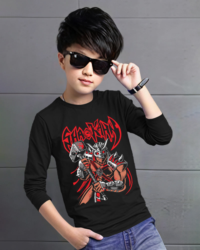 Black Full SHAOKAN Sleeve Round Neck Cotton blend Boys T-Shirt-FRONT