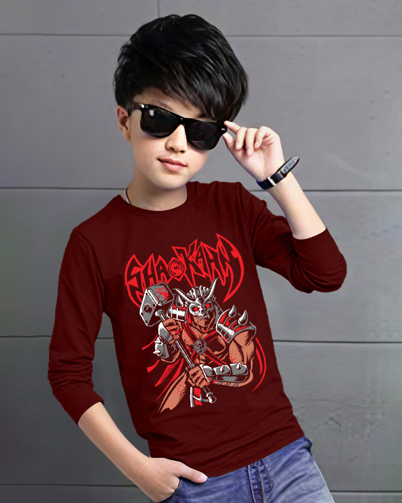 Maroon Full SHAOKAN Sleeve Round Neck Cotton blend Boys T-Shirt-FRONT