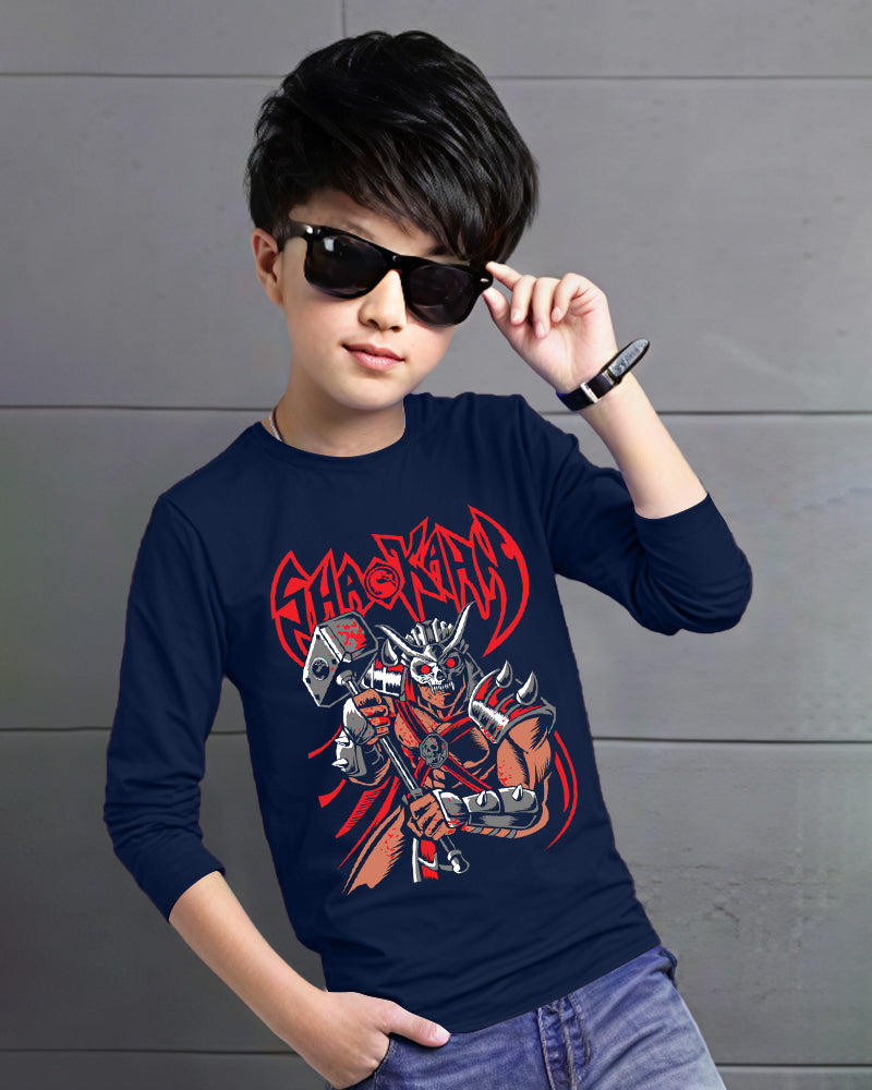 Navy Full SHAOKAN Sleeve Round Neck Cotton blend Boys T-Shirt-FRONT