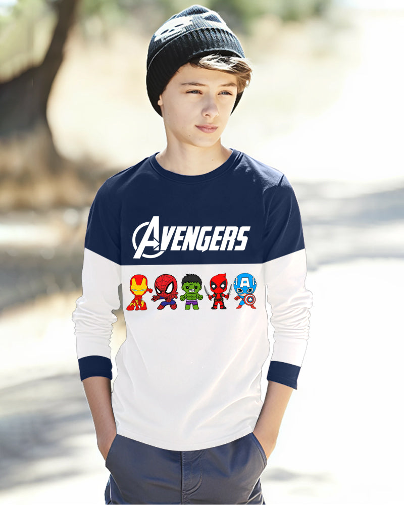 Navy, White Full AVENGERS Sleeve Round Neck Cotton blend Boys T-Shirt-FRONT