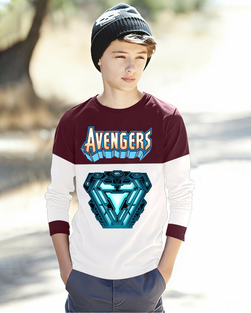 Maroon, White Full IRONMAN Sleeve Round Neck Cotton blend Boys T-Shirt-FRONT