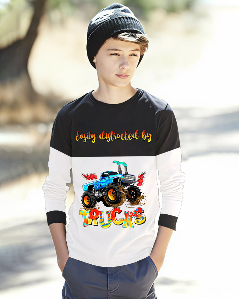Black, White Full TRUCKS Sleeve Round Neck Cotton blend Boys T-Shirt-FRONT