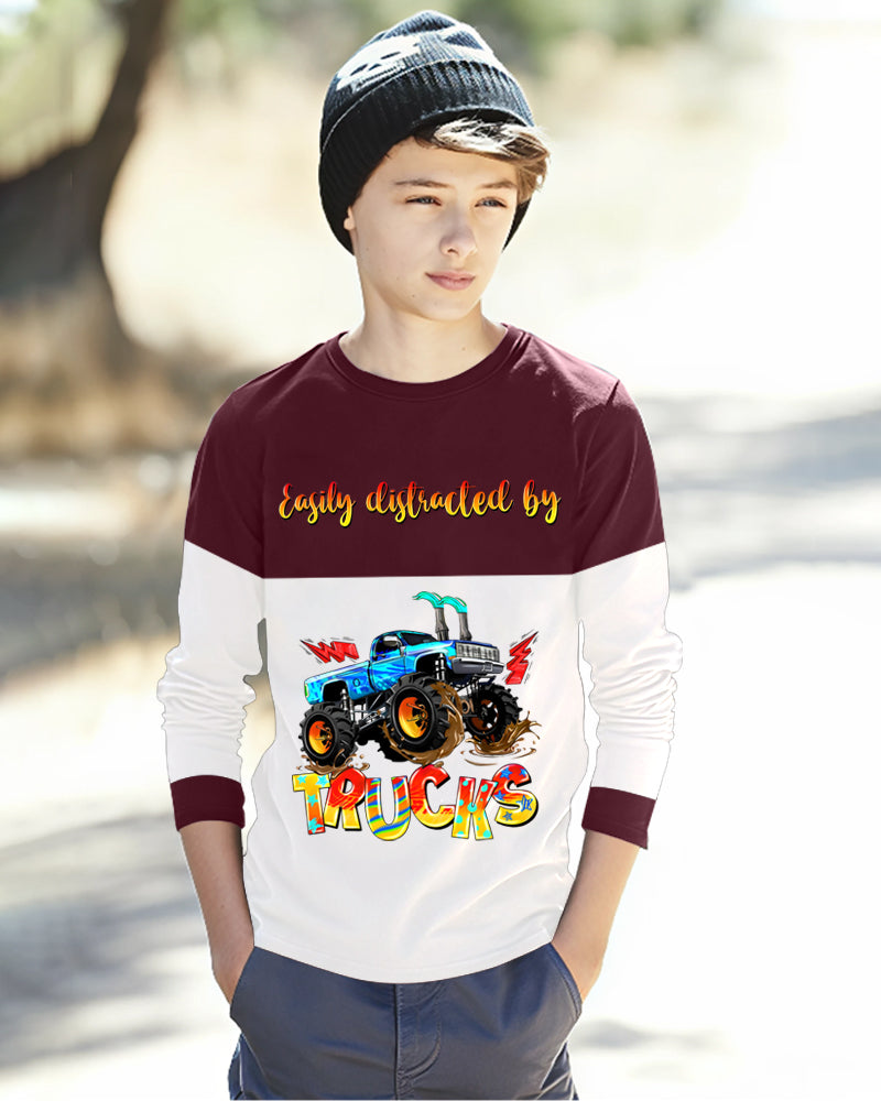 Maroon, White Full TRUCKS Sleeve Round Neck Cotton blend Boys T-Shirt-FRONT