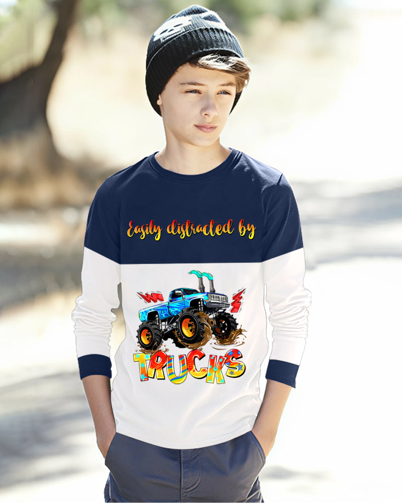 Navy, White Full TRUCKS Sleeve Round Neck Cotton blend Boys T-Shirt-FRONT