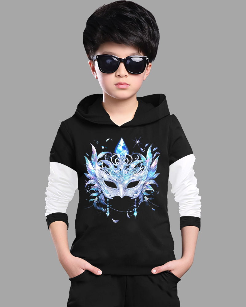 Black, White Full Sleeve Hooded Neck Mask Cotton blend Boys T-Shirt-FRONT