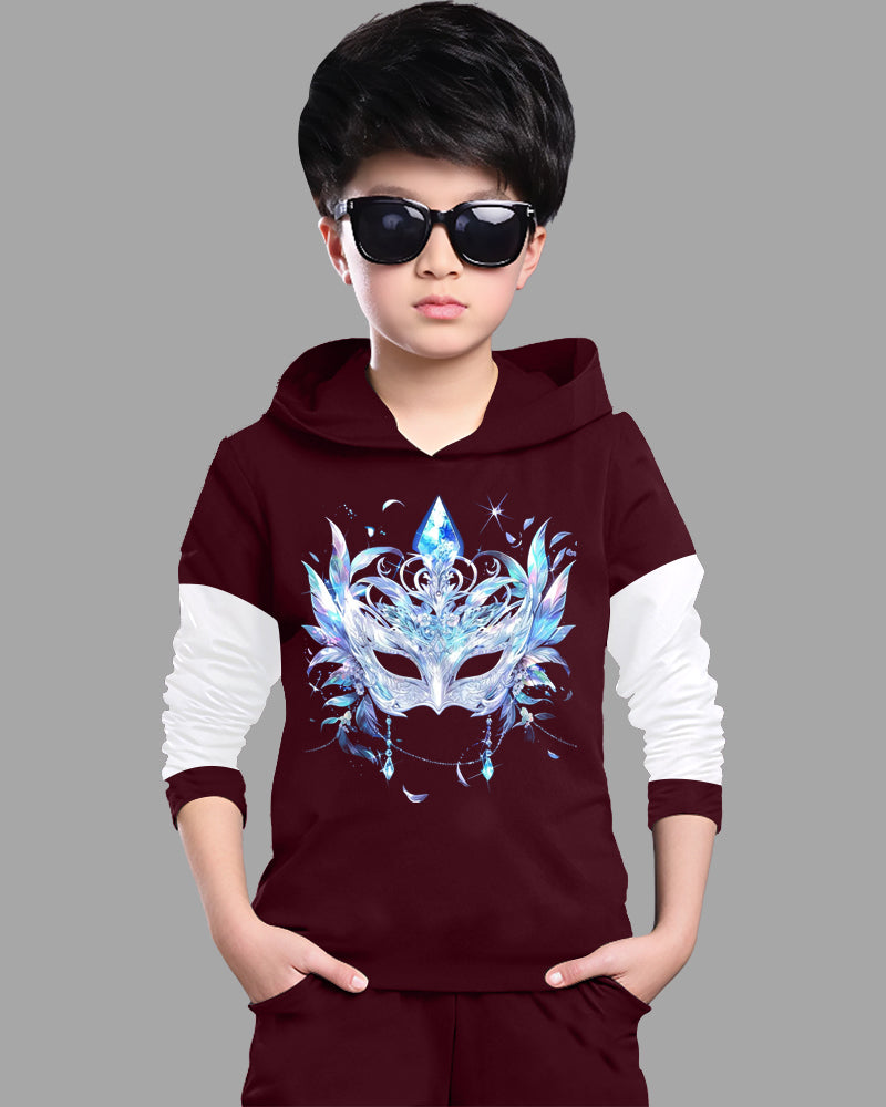 Maroon, White Full Sleeve Hooded Neck Mask Cotton blend Boys T-Shirt-FRONT