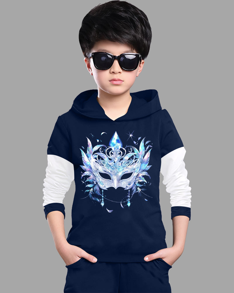 Navy, White Full Sleeve Hooded Neck Mask Cotton blend Boys T-Shirt-FRONT