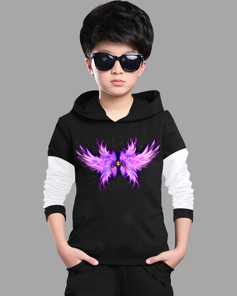 Black, White Full Sleeve Hooded Neck Wings Cotton blend Boys T-Shirt-FRONT