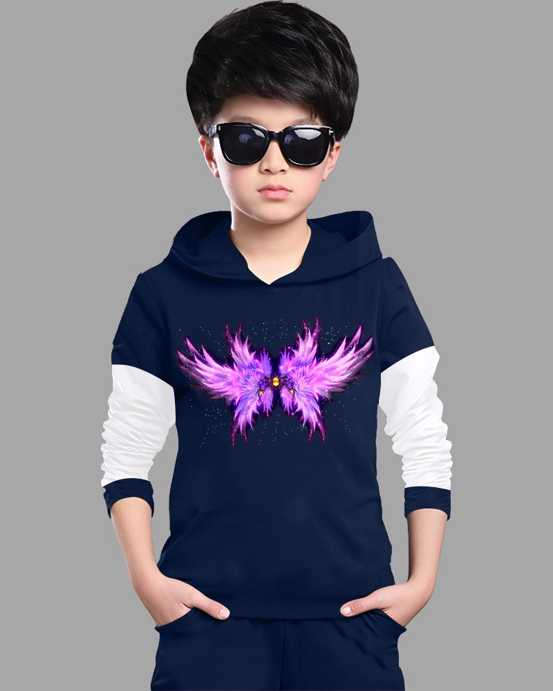 Navy, White Full Sleeve Hooded Neck Wings Cotton blend Boys T-Shirt-FRONT