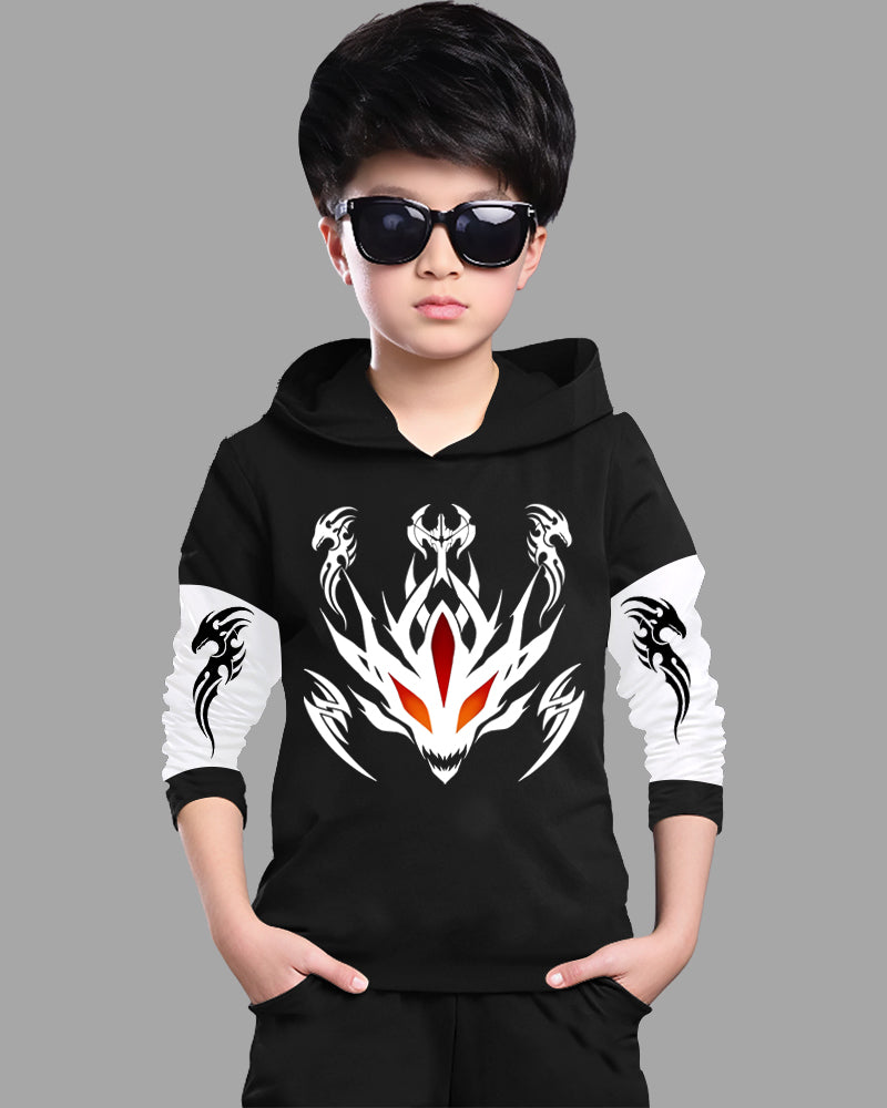 Black, White Full Sleeve Hooded Neck Red Dragon Cotton blend Boys T-Shirt-FRONT