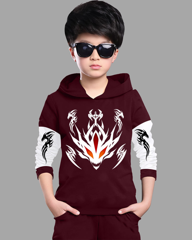 Maroon, White Full Sleeve Hooded Neck Red Dragon Cotton blend Boys T-Shirt-FRONT
