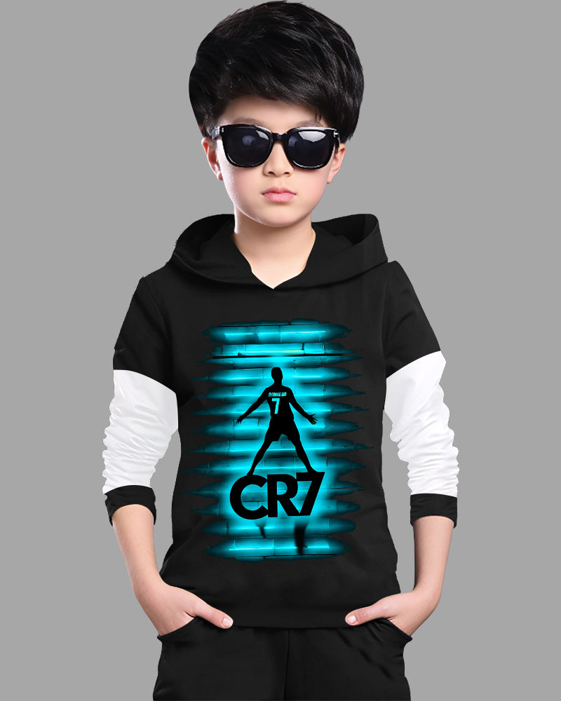 Black, White Full Sleeve Hooded Neck CR7 Cotton blend Boys T-Shirt-FRONT