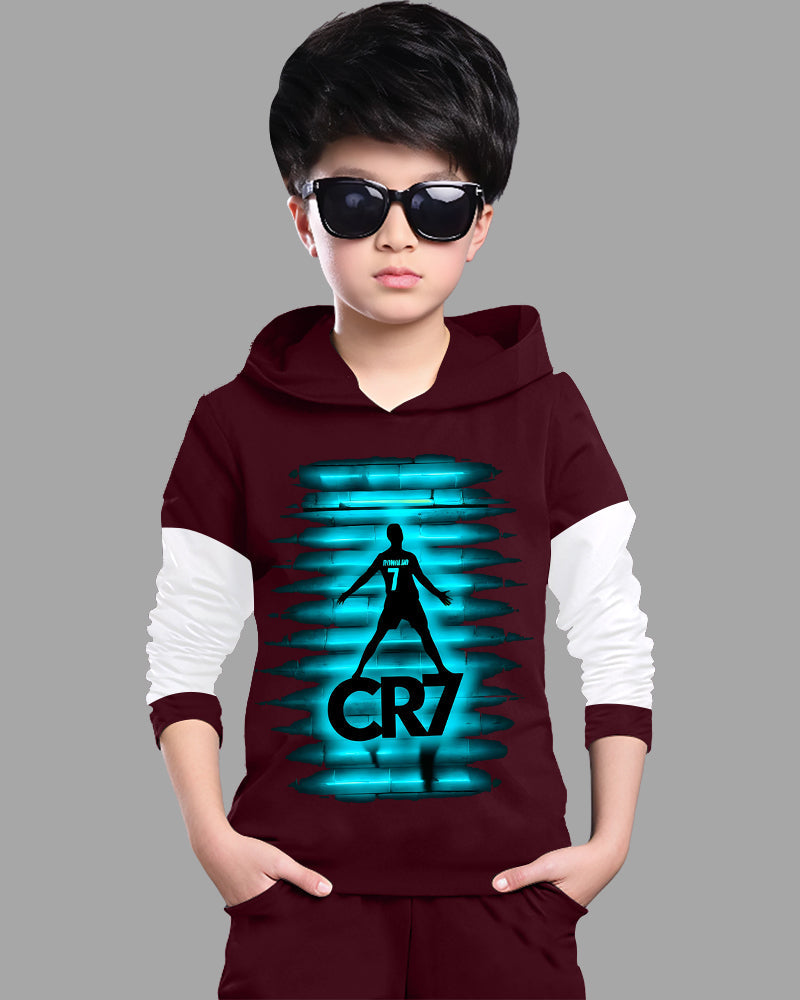 Maroon, White Full Sleeve Hooded Neck CR7 Cotton blend Boys T-Shirt-FRONT