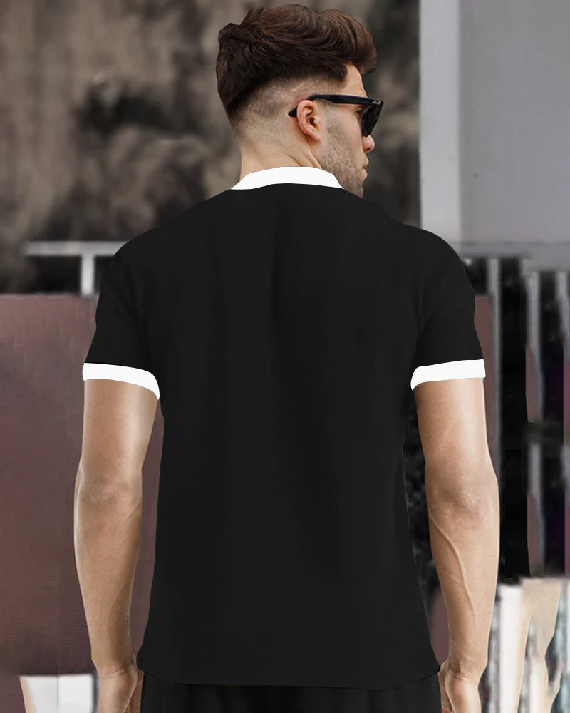 Thrines Black Half Zippered Mandarin Half Sleeve Men's T-Shirt-BACK