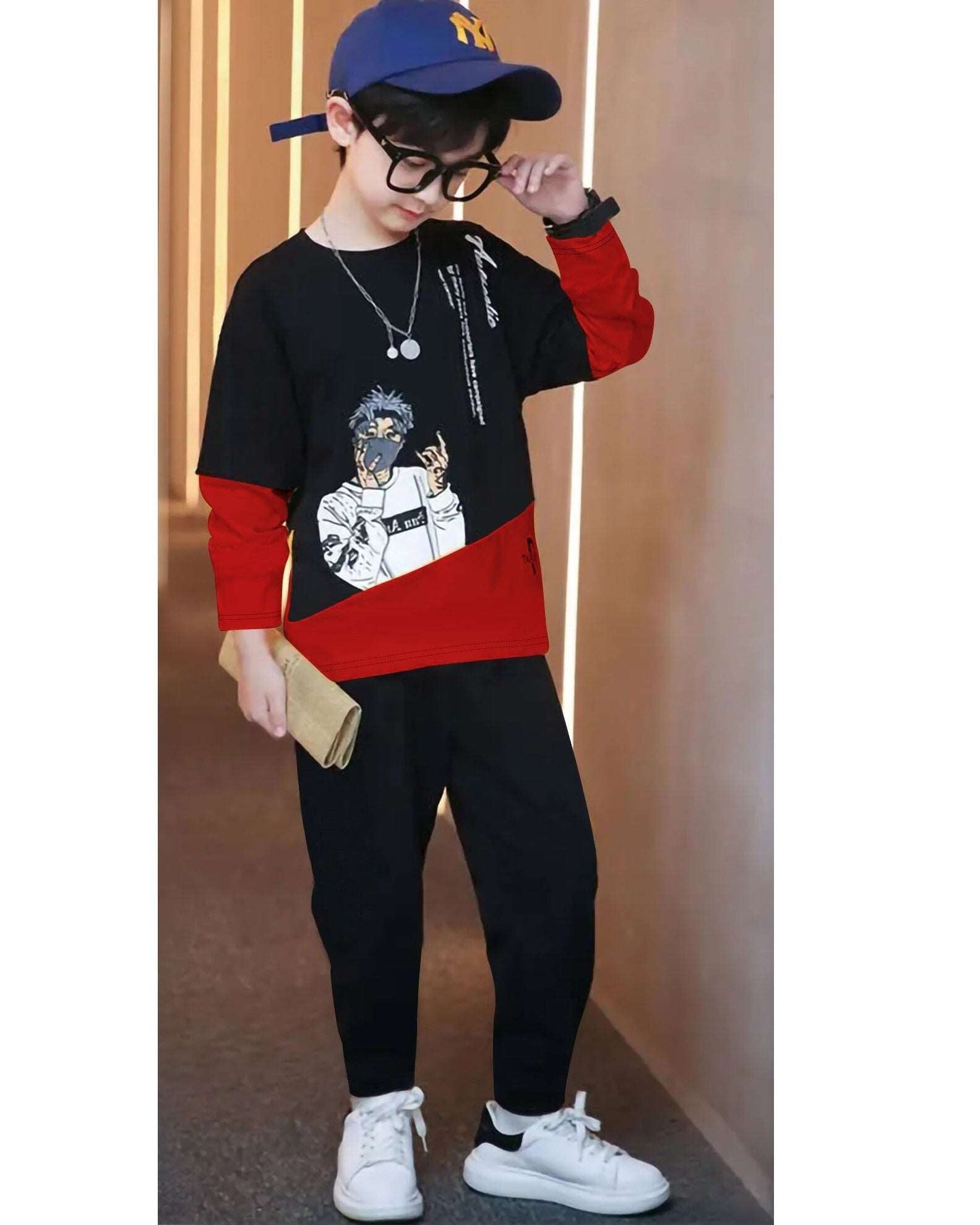 ColorBlocked Black Red Printed Boys Apparel Top and Bottom Set - FastColors