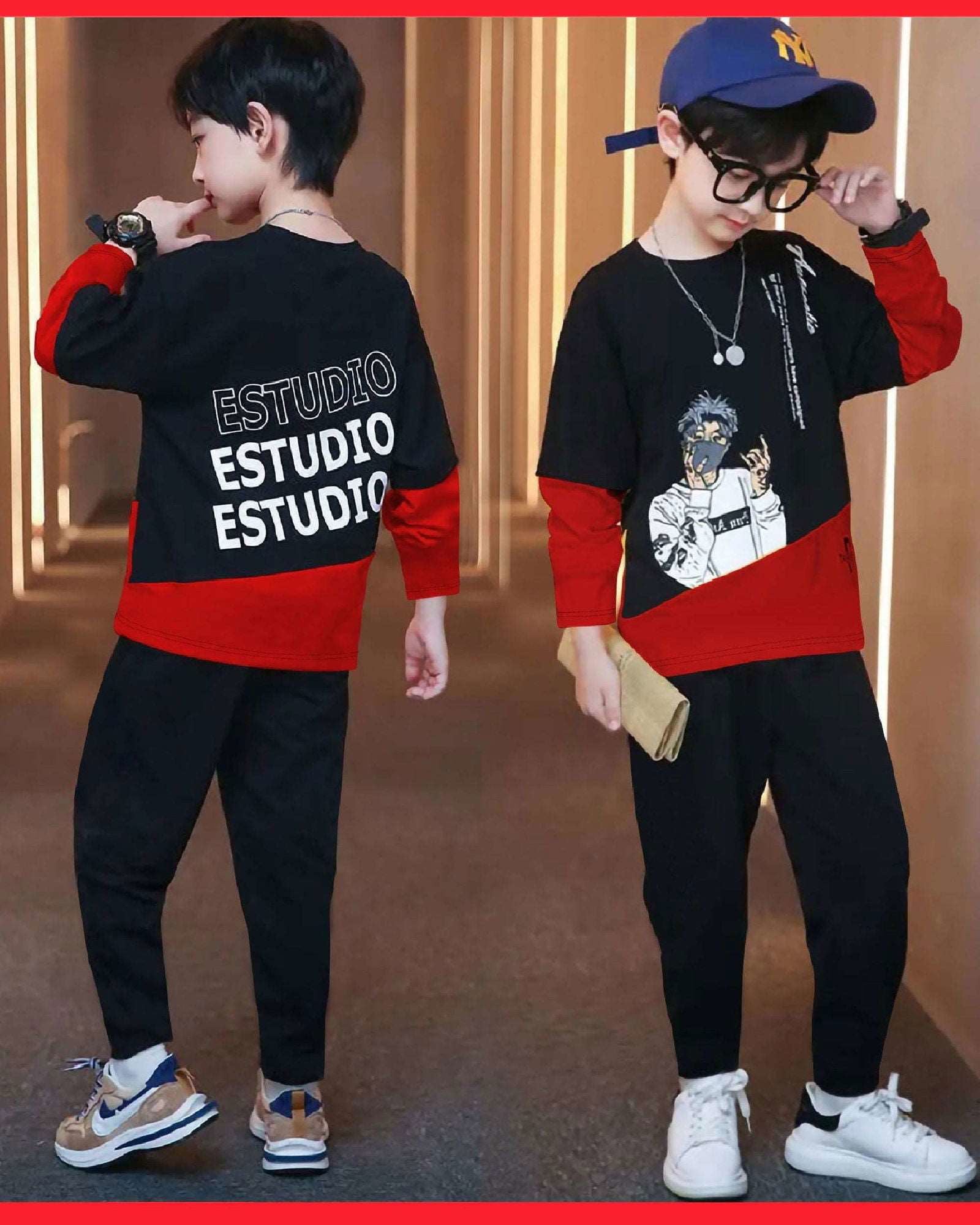 ColorBlocked Black Red Printed Boys Apparel top bottom set for kids - FastColors - ColorBlocked Black Red Printed Boys Apparel Top and Bottom Set - FastColors - #tag1# - #tag2# - #tag3# - 