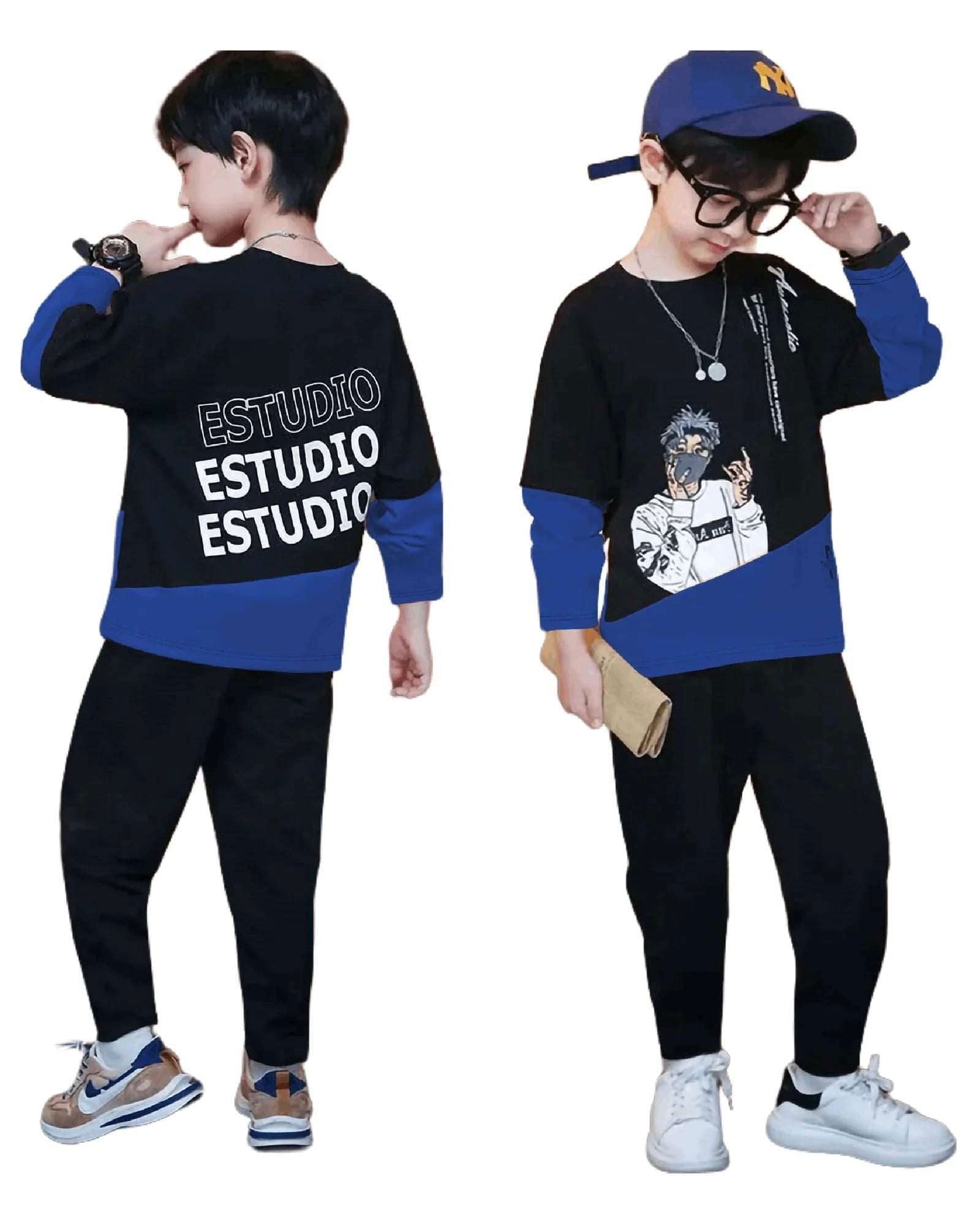 Color Blocked Black Blue Printed Boys kids top bottom set for kids - FastColors - Color Blocked Black Blue Printed Boys kids top bottom set for kids - #tag1# - #tag2# - #tag3# - 