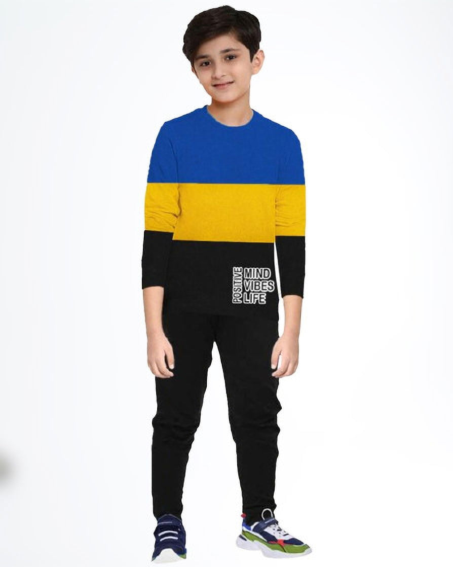 Color Blocked Tri Color Blue Yellow Boys Apparel Top and Bottom Set - FastColors
