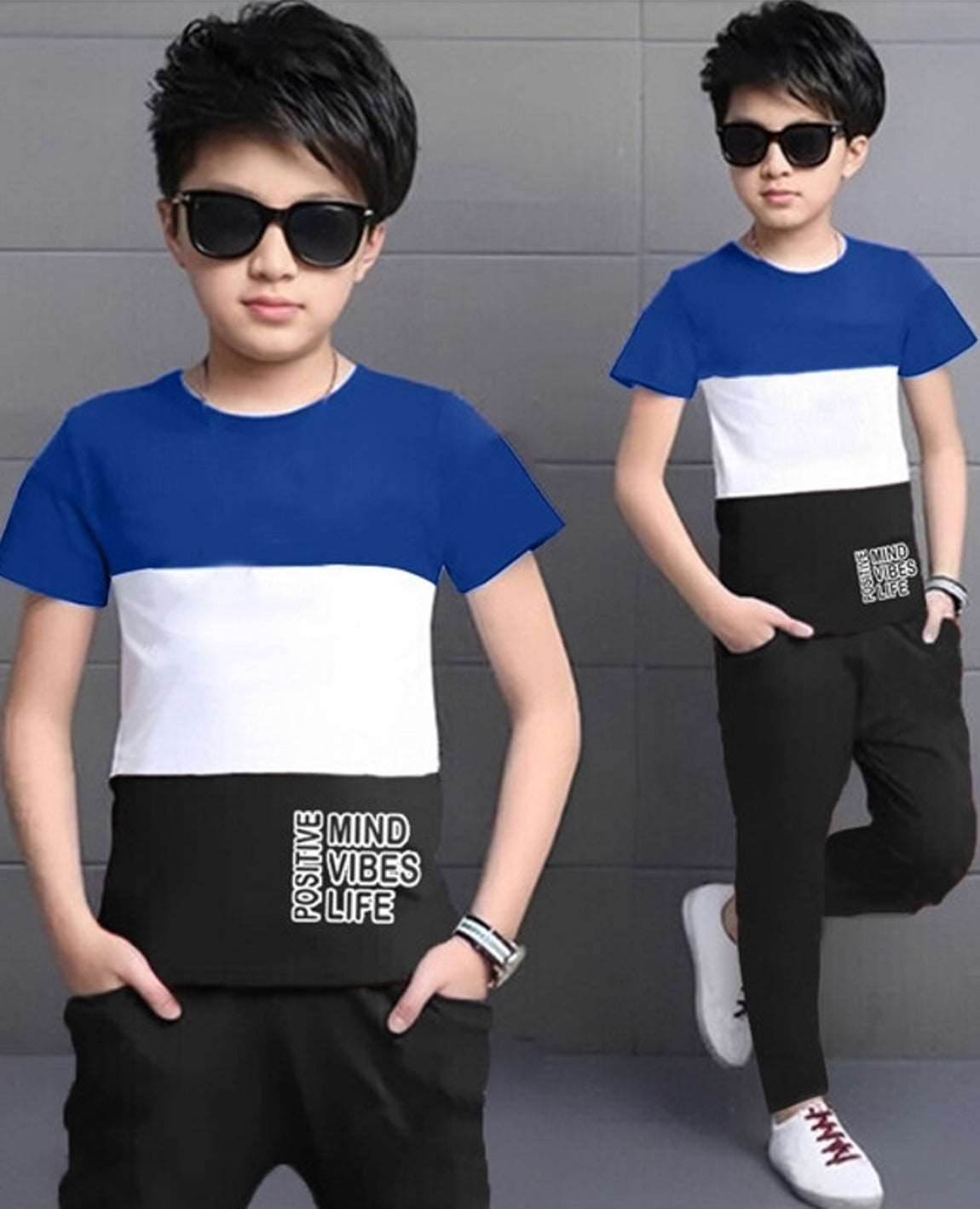 Color Blocked Tri Color Half Sleeve Boys Apparel Top and Bottom Set - FastColors