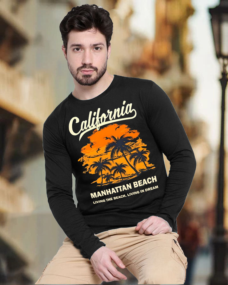 California Black Full Full Sleeve Round Neck Cotton blend Men's T-Shirt-FRONT