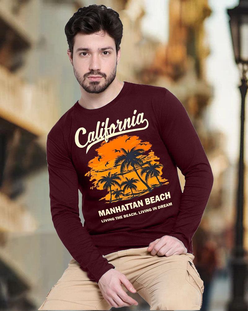 California Maroon Full Full Sleeve Round Neck Cotton blend Men's T-Shirt-FRONT