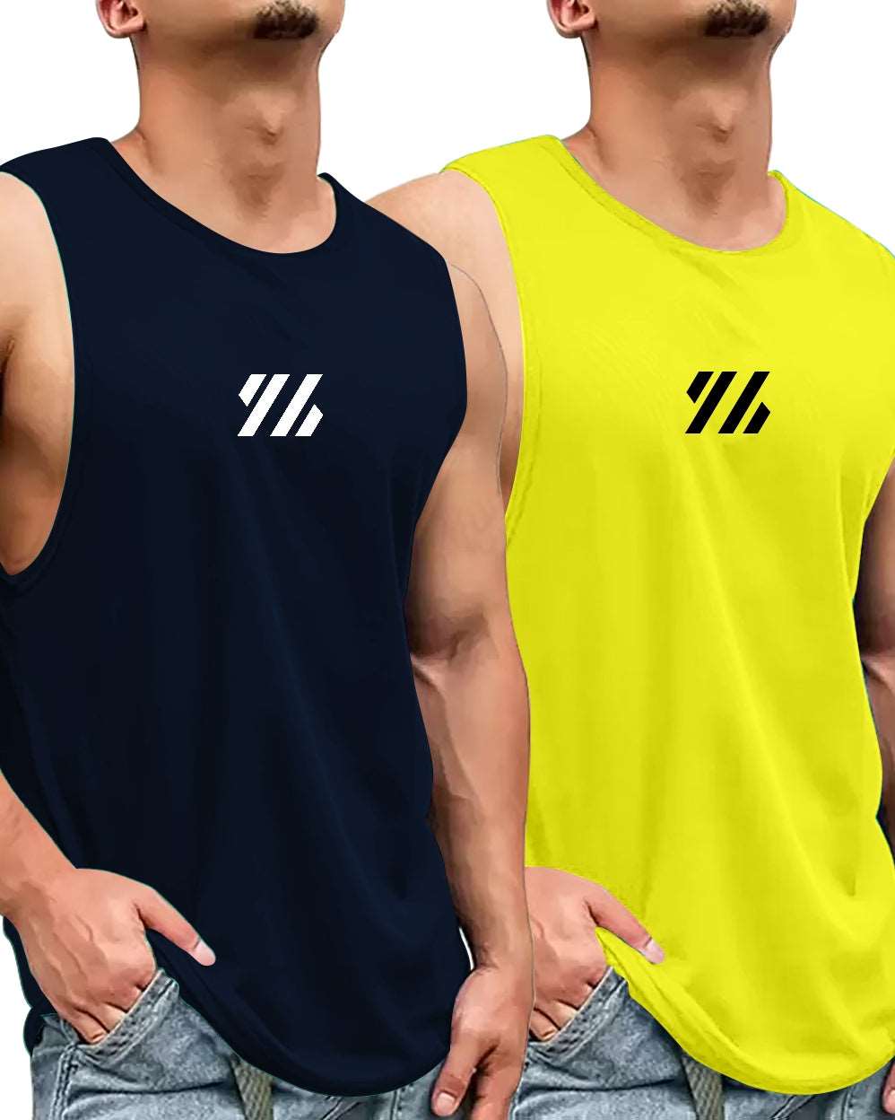#color_Mustard FastColors Box Printed Pack of 2 Vest - FastColors