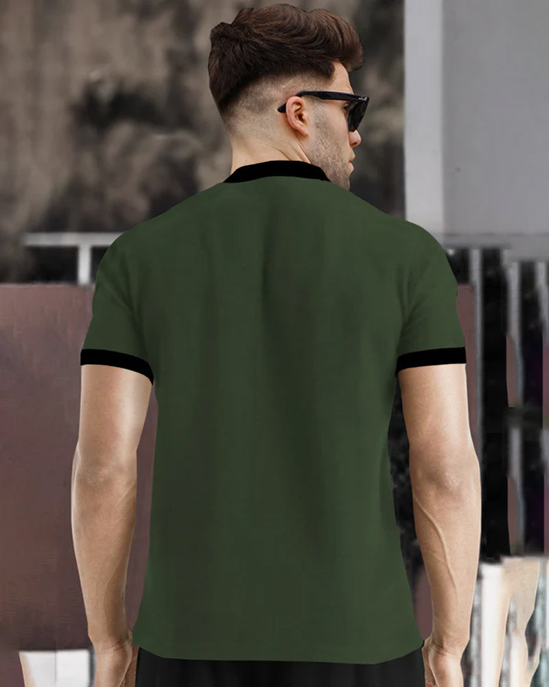 milano Green Half Zippered Mandarin Men's Half Sleeve T-Shirt-BACK