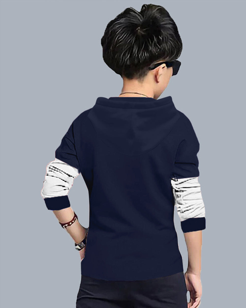 Navy, White Full Sleeve Hooded Neck NY Cotton blend Boys T-Shirt-BACK