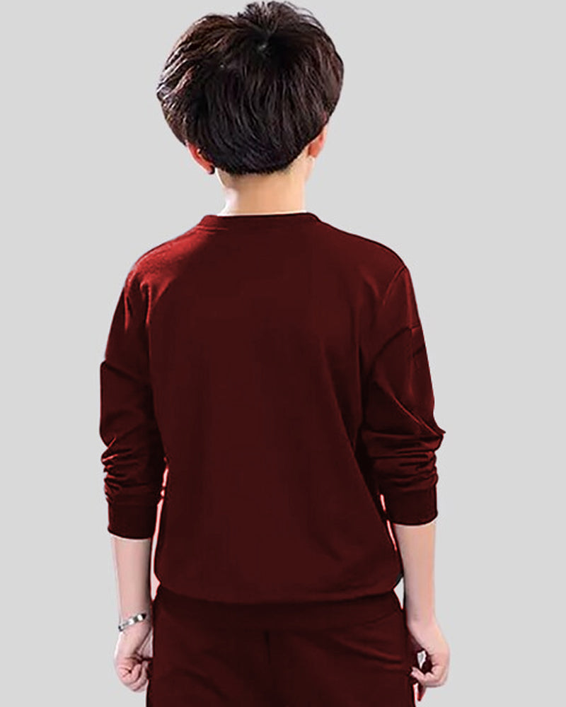 Maroon Full Spider Sleeve Round Neck Cotton blend Boy's T-Shirt-BACK