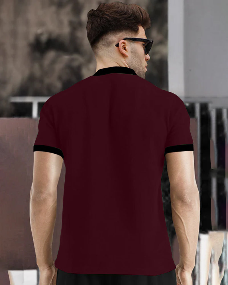 milano Maroon Half Zippered Mandarin Half Sleeve Men's T-Shirt-BACK