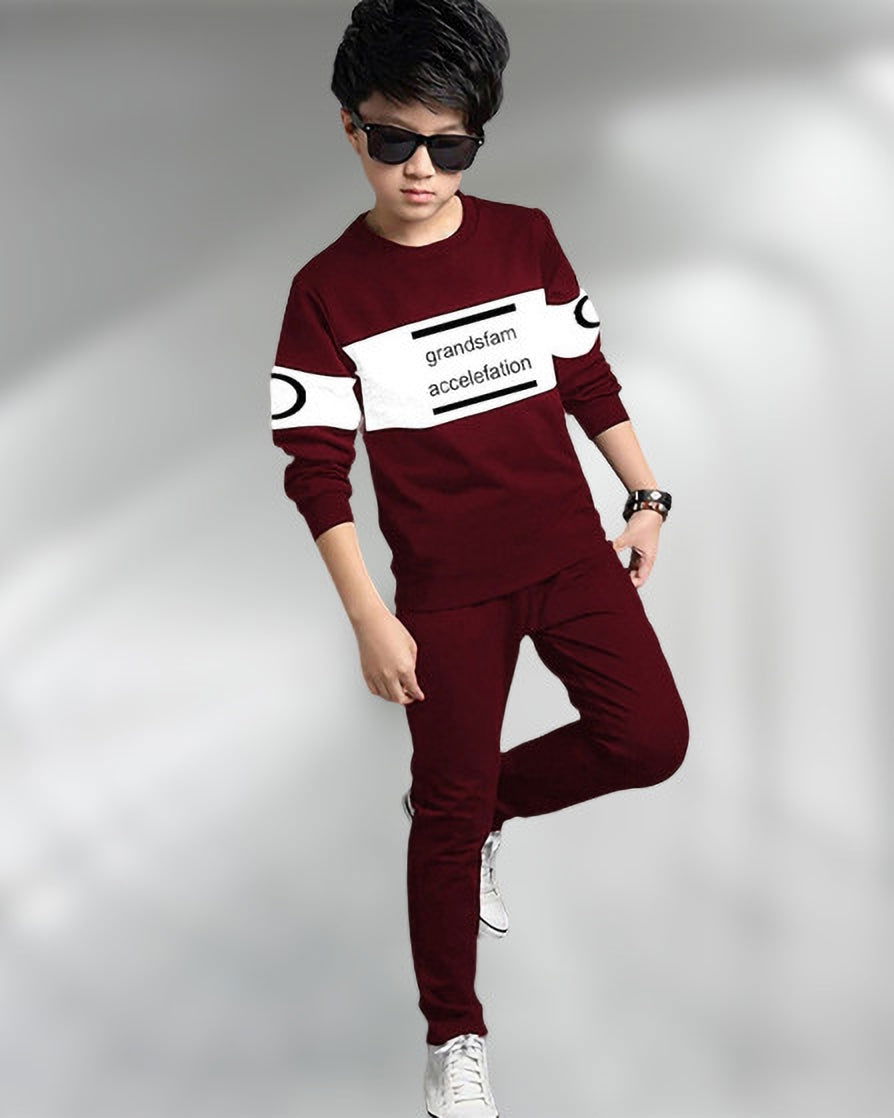 Maroon Color Blocked Printed Boys Apparel Top and Bottom Set - FastColors