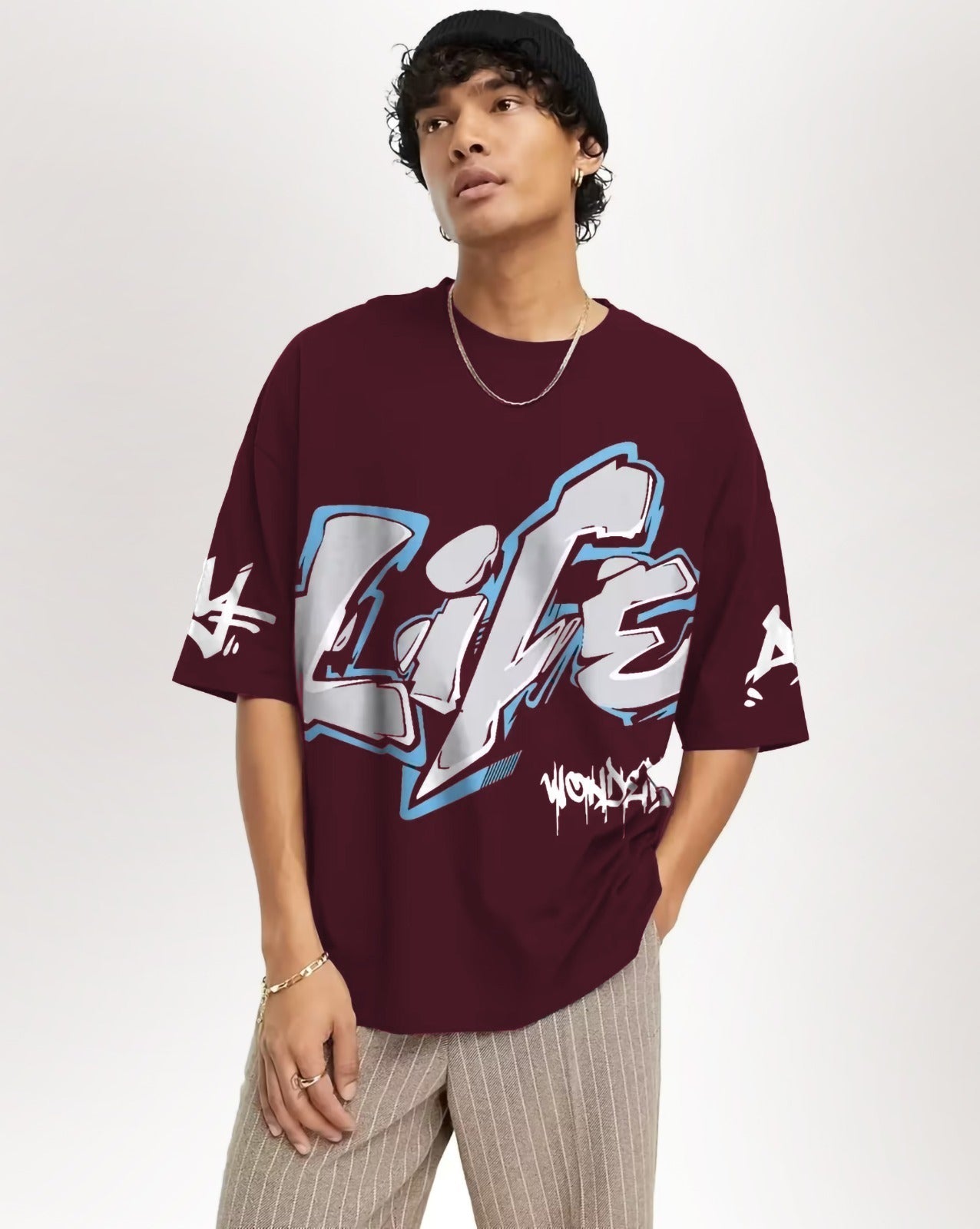 Maroon Oversize LIFE Printed T-Shirt - FastColors