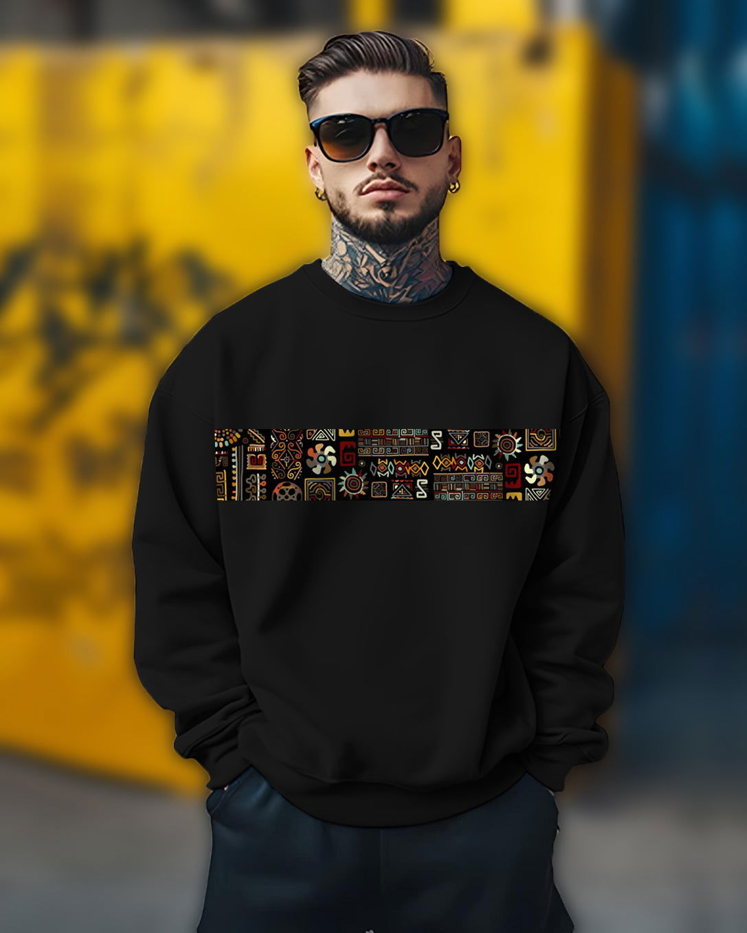 Printed Crew Neck Sweater/Black - FastColors - Printed Round Neck Sweatshirts Black - #tag1# - #tag2# - #tag3# - 