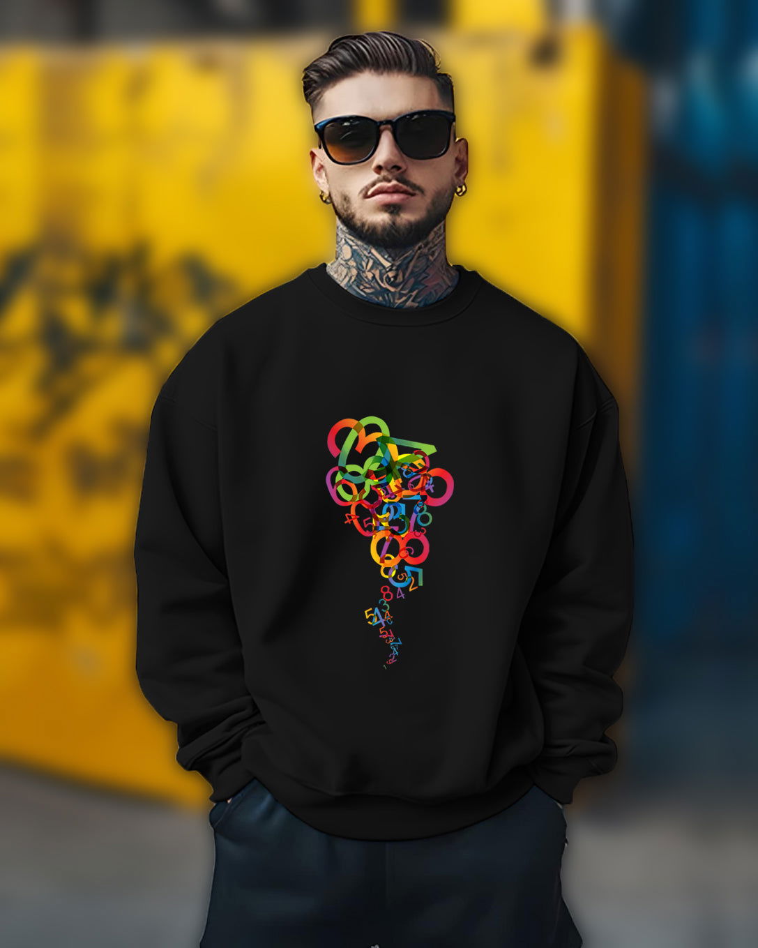 Printed Crew Neck Sweater/Black - FastColors - Printed Round Neck Sweatshirts Black - #tag1# - #tag2# - #tag3# - 