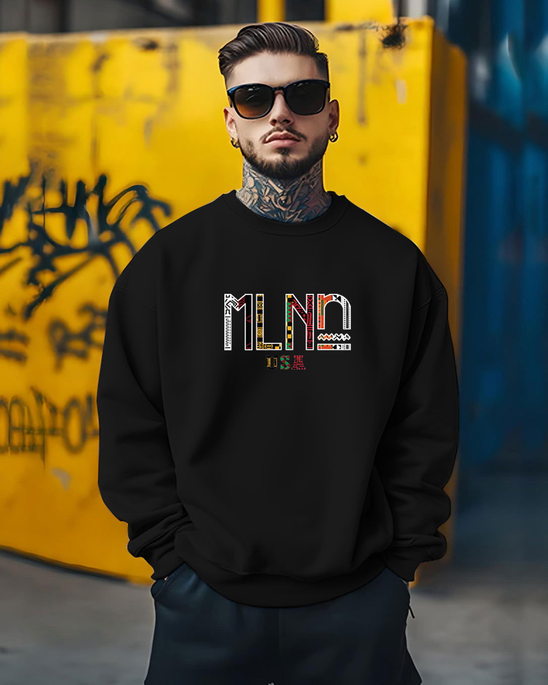 Printed Crew Neck Sweater/Black - FastColors - Printed Round Neck Sweatshirts Black - #tag1# - #tag2# - #tag3# - 