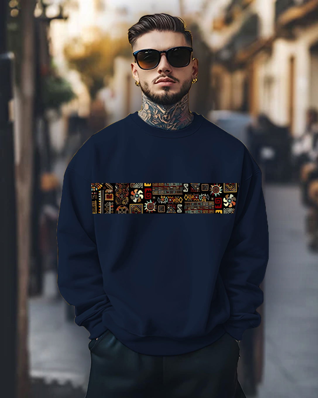 Printed Crew Neck Sweater/Navy - FastColors - Printed Round Neck Sweatshirts Navy - #tag1# - #tag2# - #tag3# - 