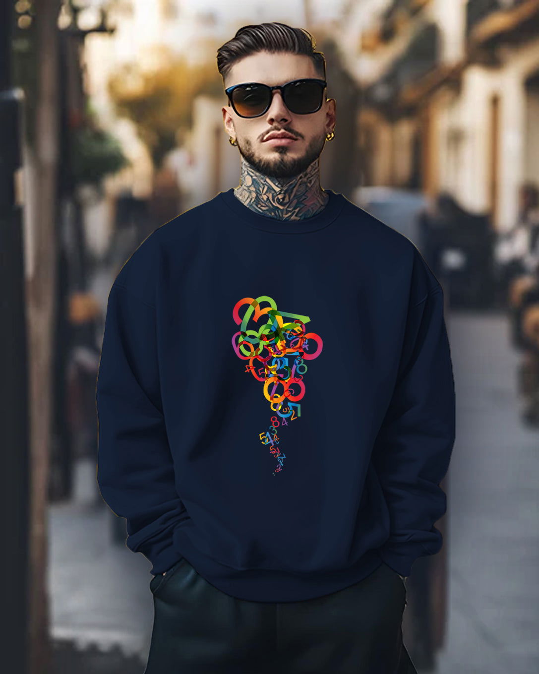 Printed Crew Neck Sweater/Navy - FastColors - Printed Round Neck Sweatshirts Navy - #tag1# - #tag2# - #tag3# - 