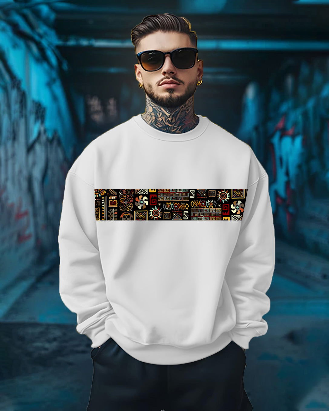 Printed Crew Neck Sweater/White - FastColors - Printed Round Neck Sweatshirts White - #tag1# - #tag2# - #tag3# - 