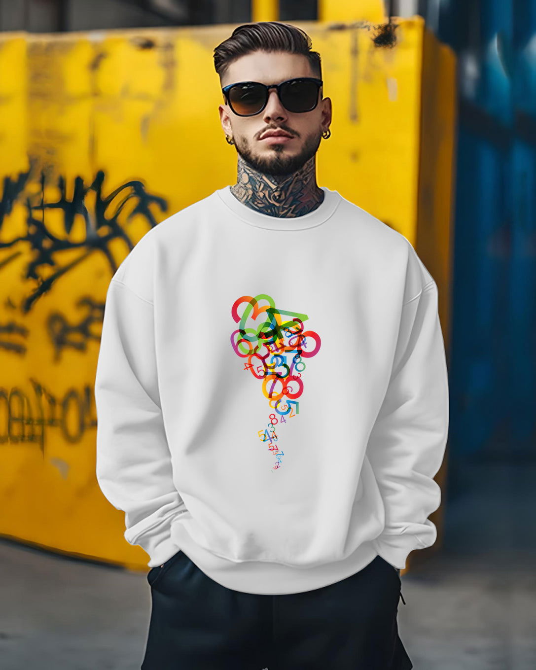 Printed Crew Neck Sweater/White - FastColors - Printed Round Neck Sweatshirts White - #tag1# - #tag2# - #tag3# - 