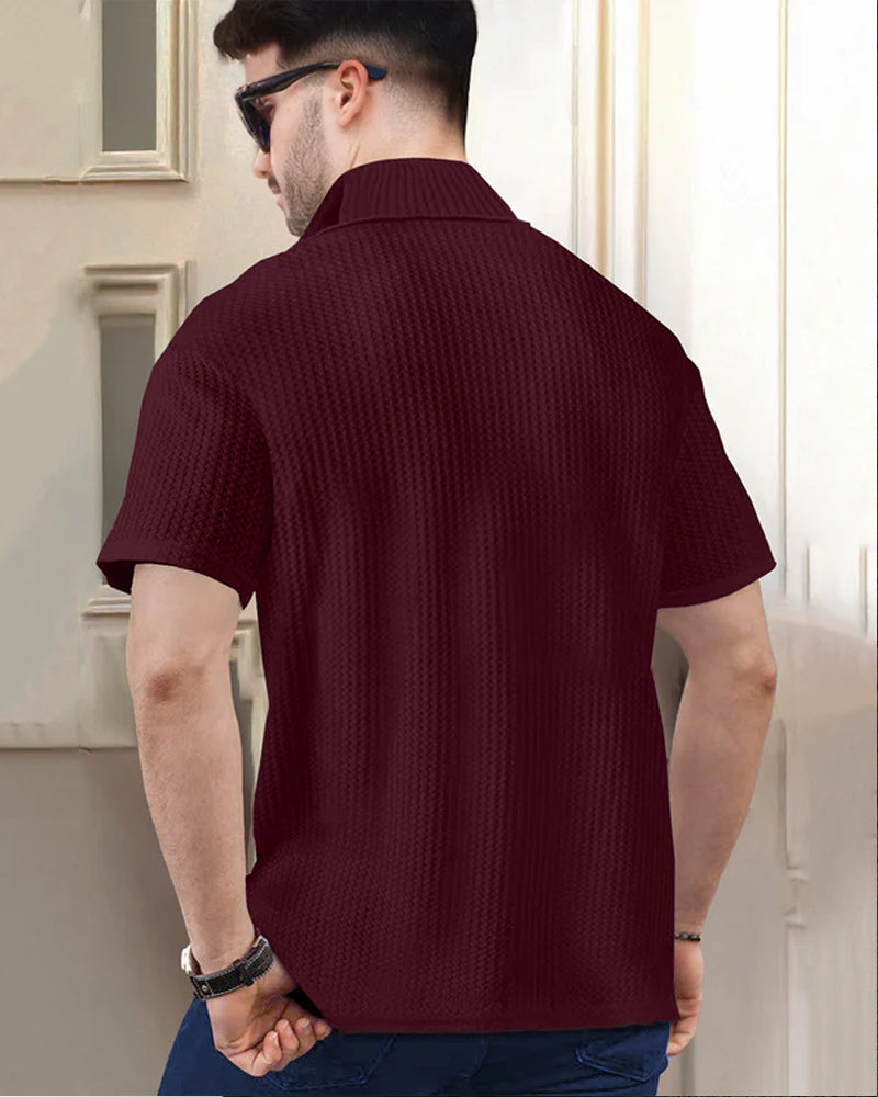 Let's Party Maroon Half Zippered High Neck Waffle Men's T-Shirt-BACK