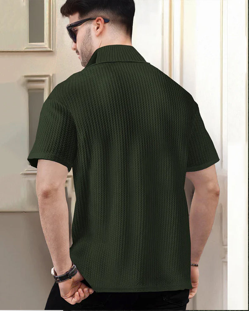 Dream Green Half Zippered High Neck Waffle Men's T-Shirt-BACK